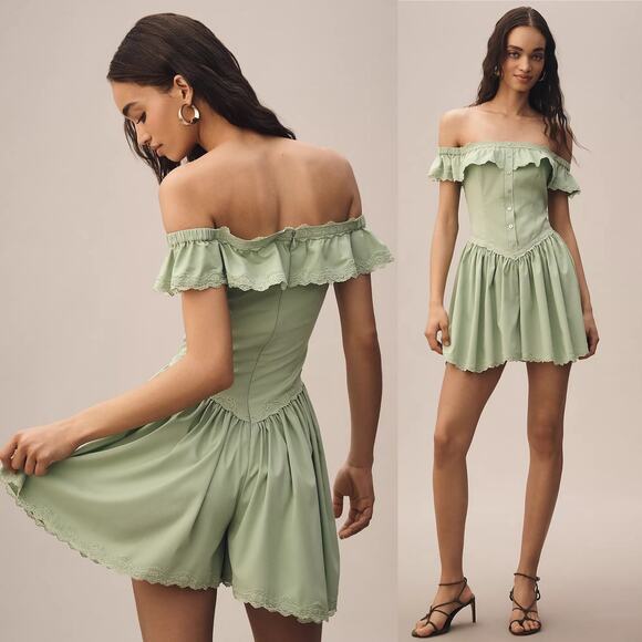 NWT Anthropologie Mare Mare Off The Shoulder Pleated Ruffle Lace Romper Medium - Picture 1 of 14